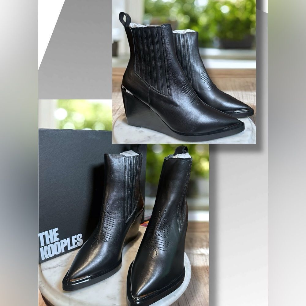NWT! The KOOPLES $575 Topstiched Leather Wedge Ankle Boots Silver Detail EU 39